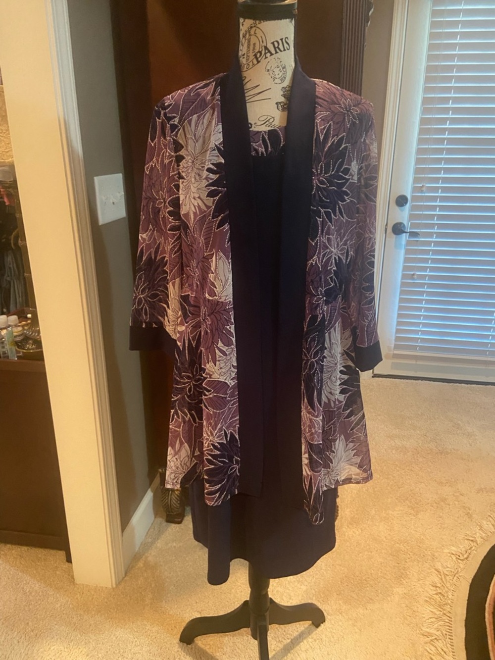 R&M Richards Navy Dress with Purple Floral Overlay